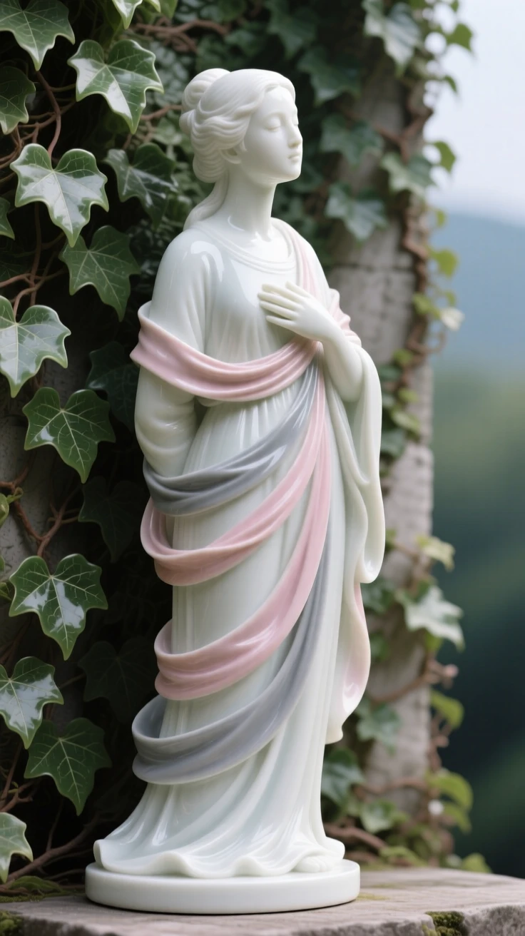 A scholar gazing toward the horizon, wearing layered silk ribbons, one hand resting gently over her heart, set against an ivy-covered garden wall.