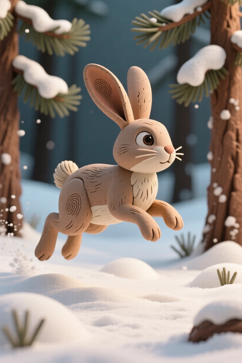 A snowshoe hare mid-hop across a snowy pine forest clearing
