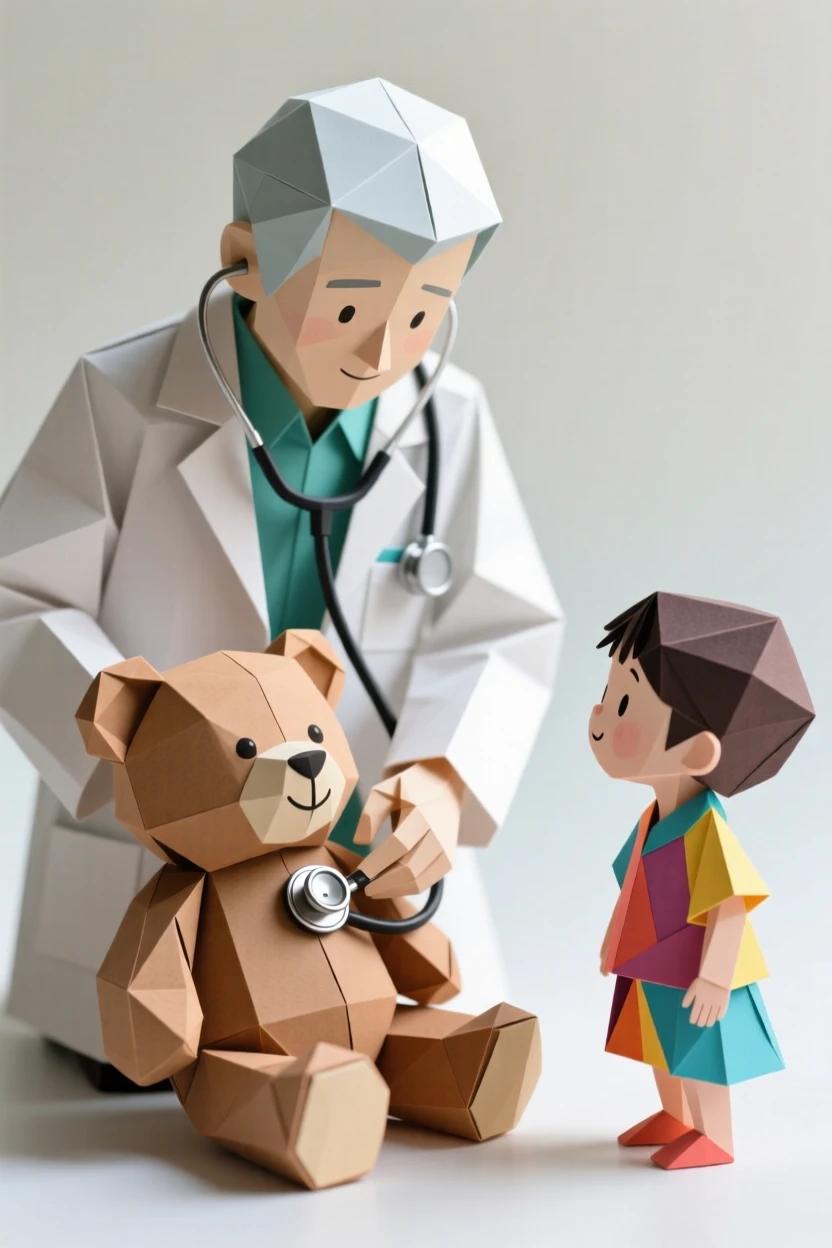 A doctor character gently examining a teddy bear patient with a toy stethoscope, child watching hopefully.