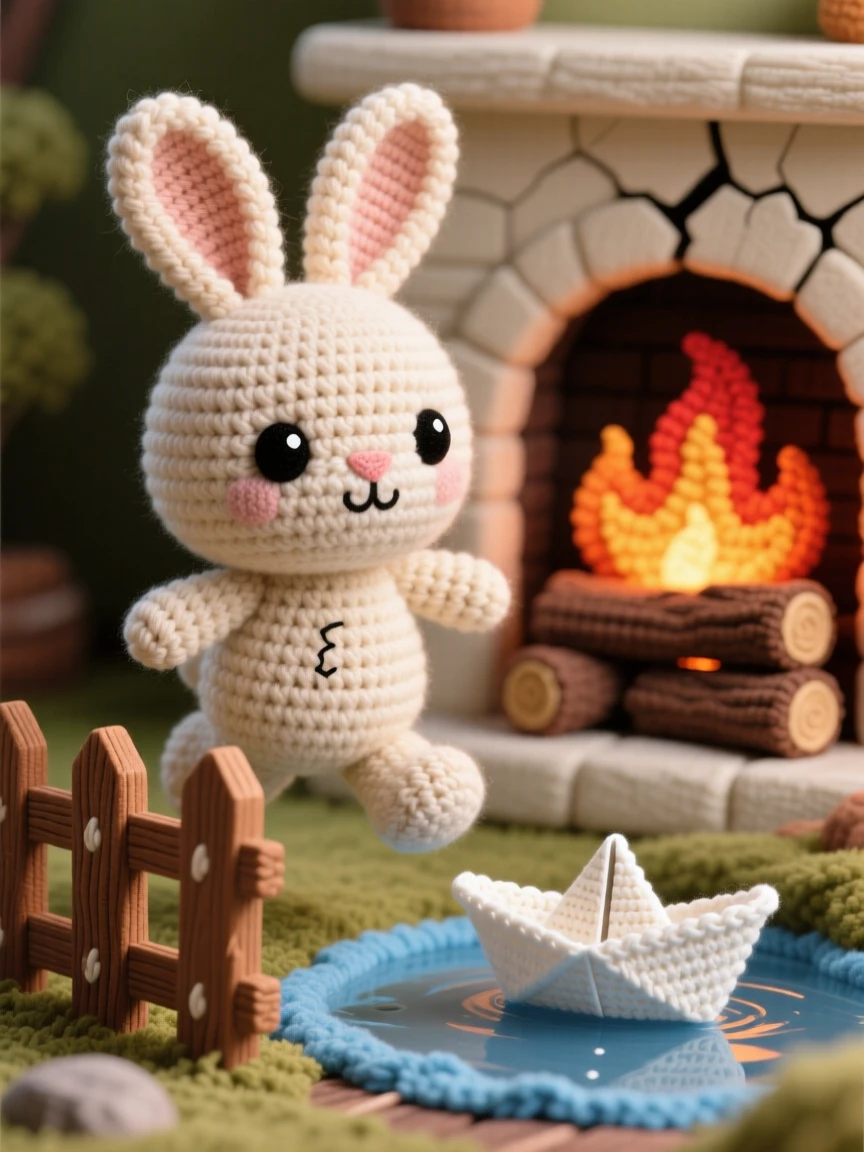 A heartwarming close-up of a fluffy baby lop rabbit, with long drooping ears, hopping over a small wooden fence in a cozy nook beside a crackling fireplace; a tiny paper boat floating nearby completes the scene, radiating warm affection and comfortable belonging.