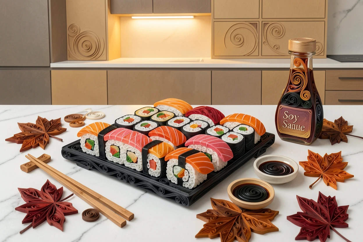A cozy still life of a colorful sushi platter arranged in neat rows on a marble countertop in a modern kitchen, in cozy autumnal tones of rust and brown, arranged with complementary props scattered around.