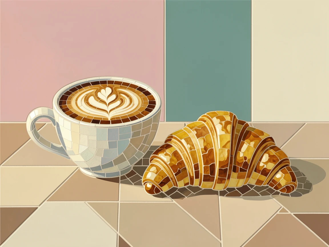 A cup of latte art coffee beside a fresh croissant on a cafe table.