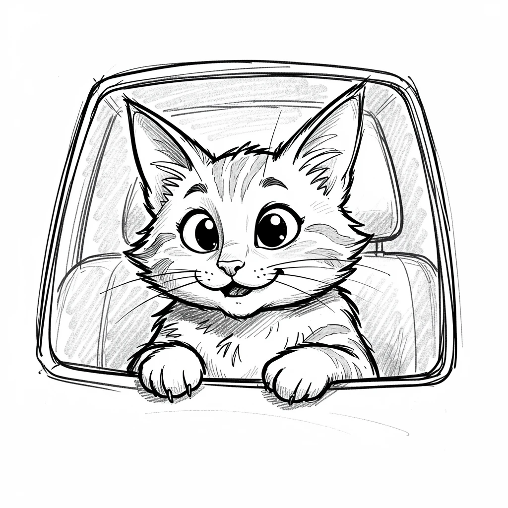 A ginger cat looking out a car window with ears flapping.