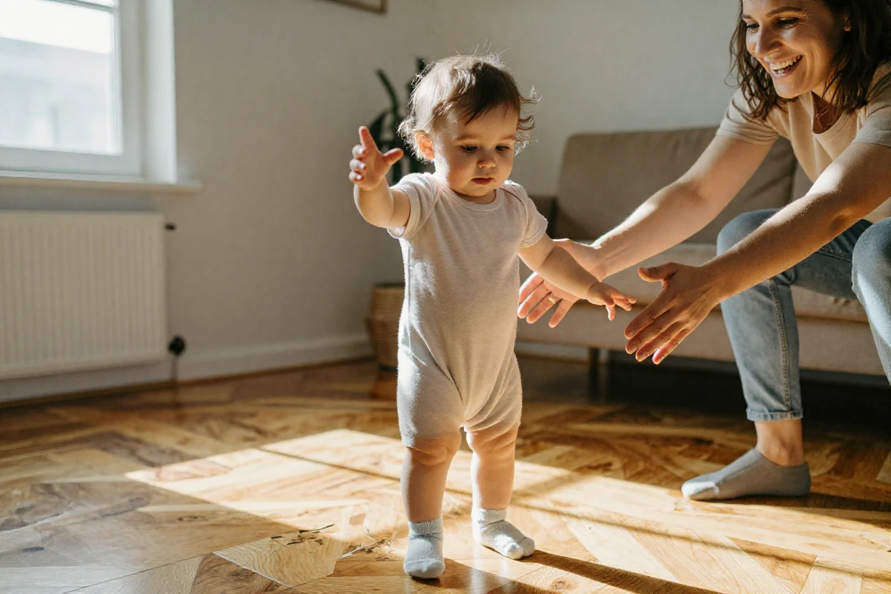 A toddler taking wobbly first steps toward outstretched arms