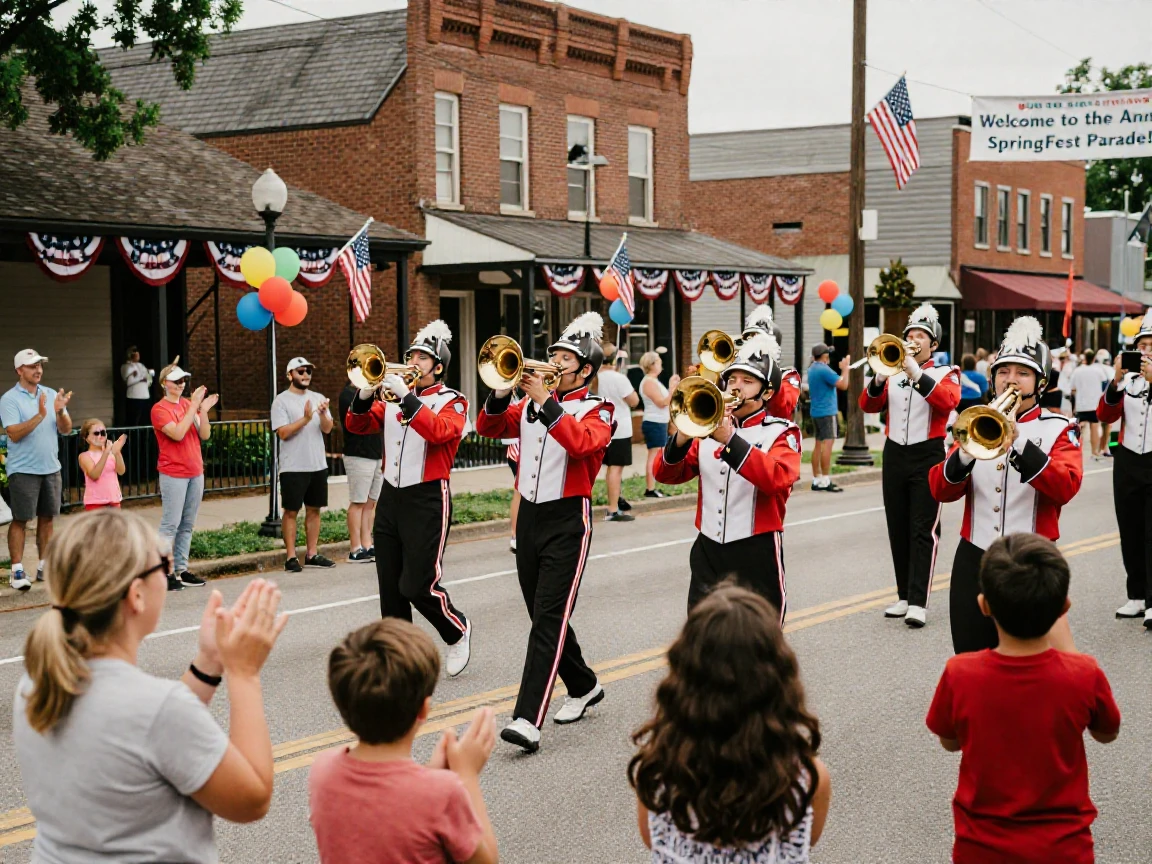 A crowd claps along as a marching band rounds the final corner of a parade route.