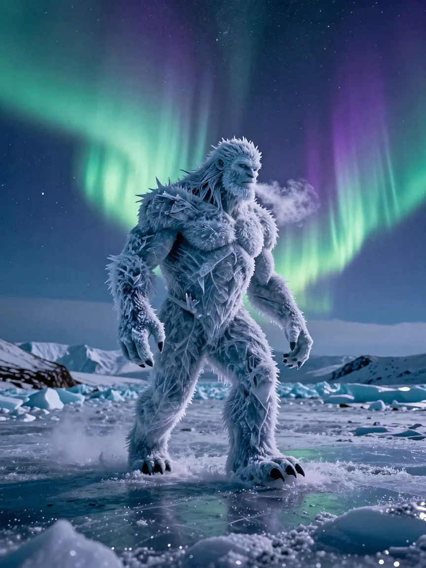 A frost giant striding across a glacier beneath the aurora