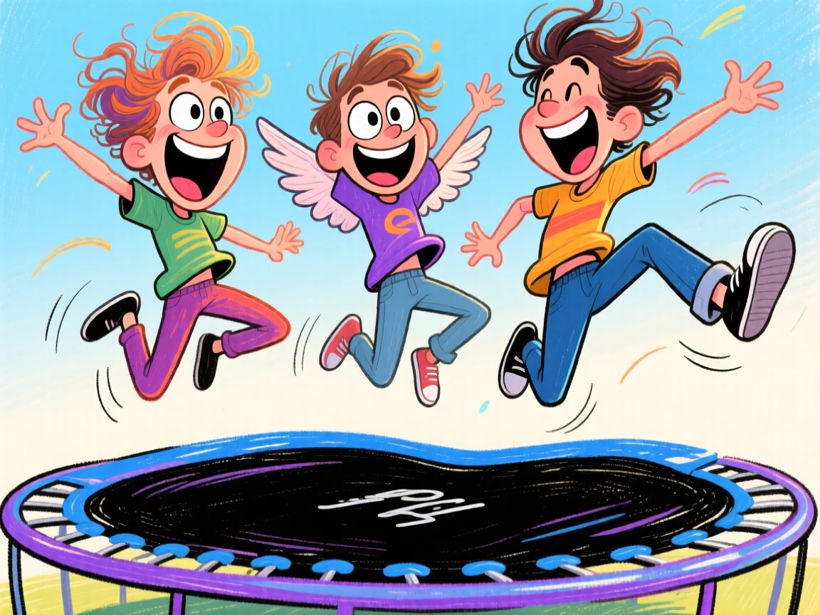 A trio of best friends jumping mid-air on a trampoline, arms and legs flailing.