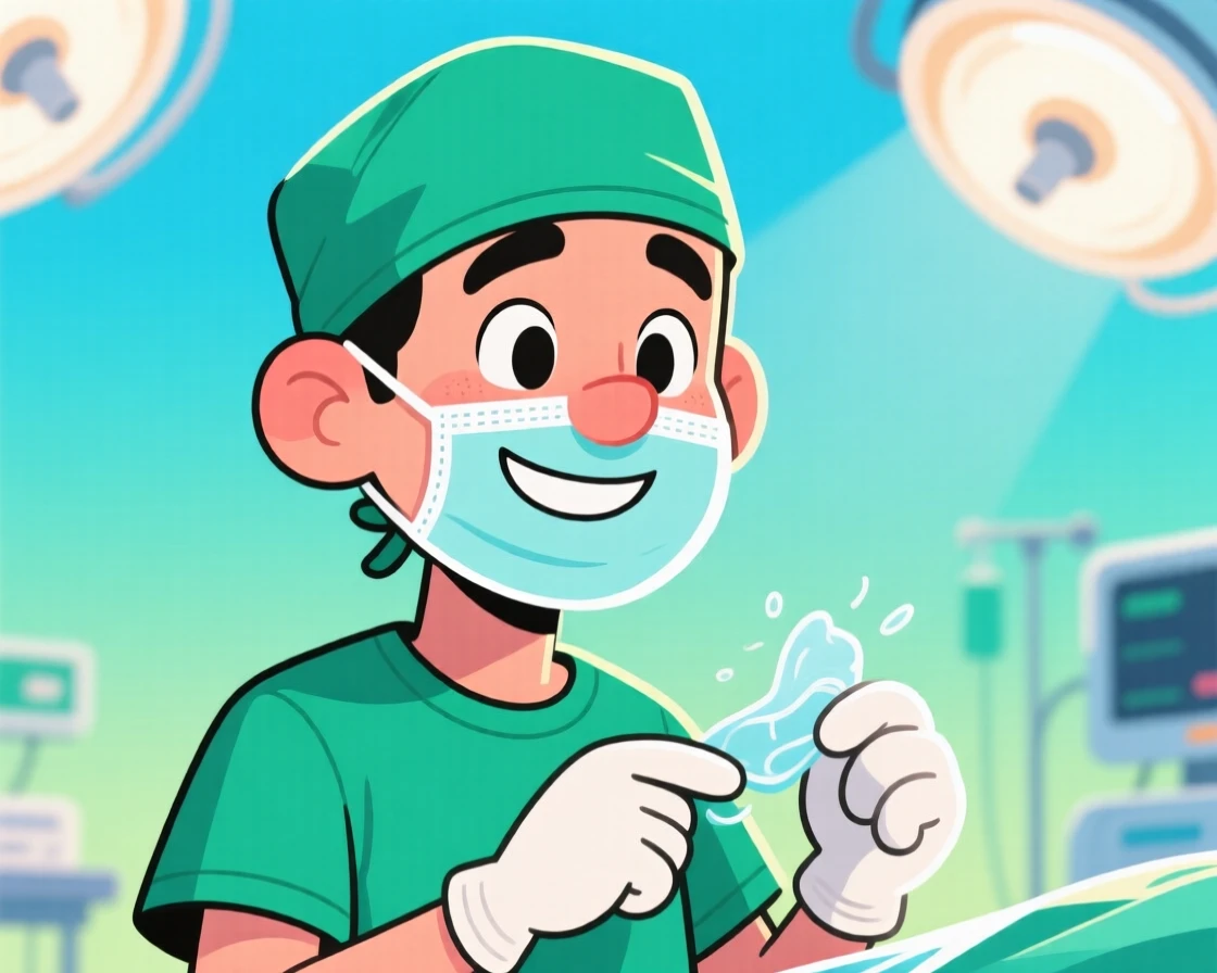 A vibrant profession-themed portrait of a skilled surgeon scrubbed in, mask lowered slightly to reveal a confident half-smile.