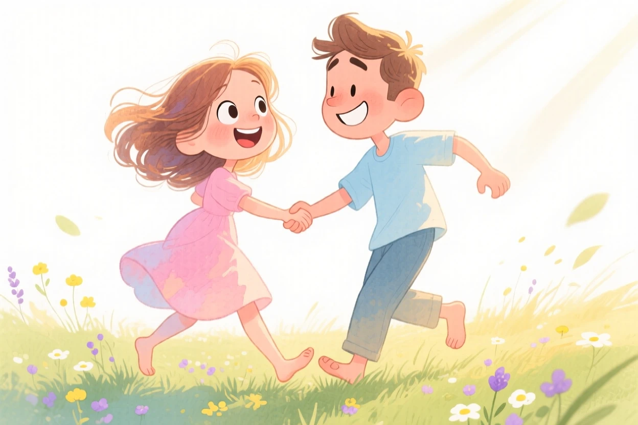 A couple on their first date dancing barefoot in a sunlit meadow