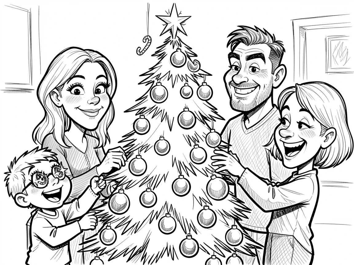 [Family & Relationship Moments] Heartwarming scene of a family decorating a Christmas tree together, ornaments everywhere, radiating love and warmth