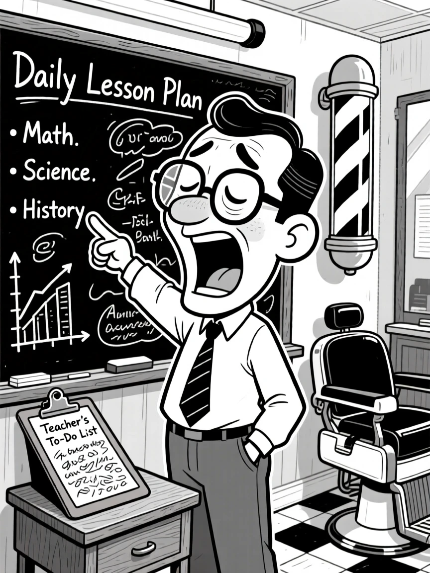 A passionate teacher pointing at a chalkboard, yawning enormously while charting notes, set in a retro barbershop with a spinning striped pole. A clipboard full of illegible notes rests nearby. The scene celebrates the quiet heroism of everyday work.