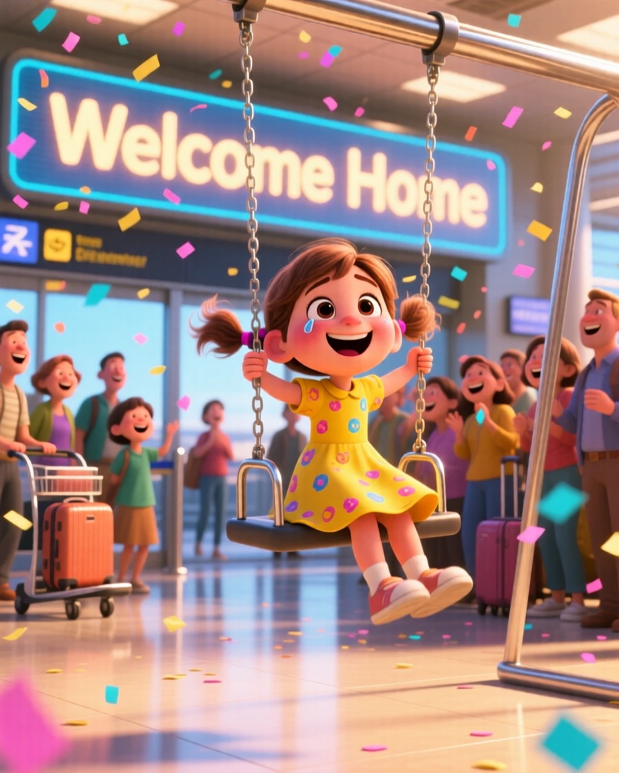 A young girl laughing on a swing unfolds at a bustling airport arrivals gate, with confetti drifting through the air. A wave of relief and celebration washes over everyone present.