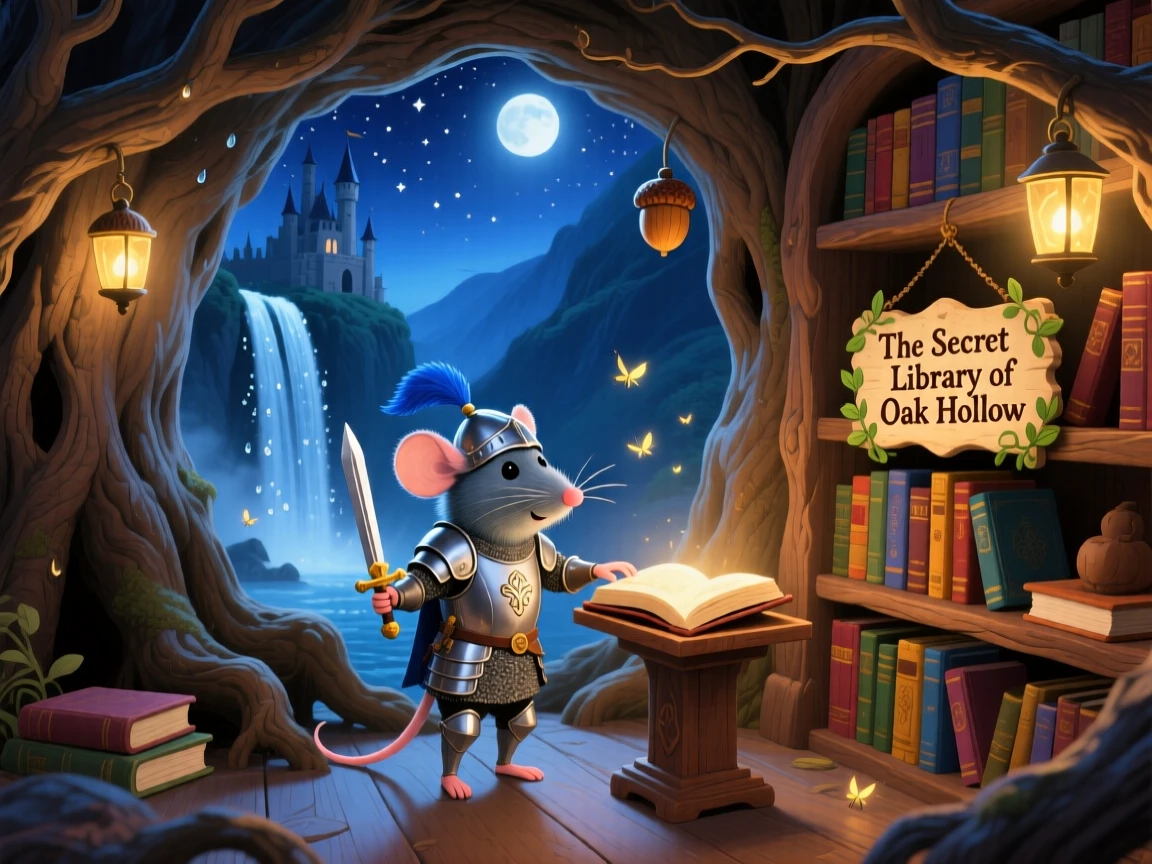 In a hidden valley behind a waterfall, a tiny castle mouse knight discovers a moment of wonder while discovering a hidden library inside a giant oak, with the whole scene bathed in soft moonlight.