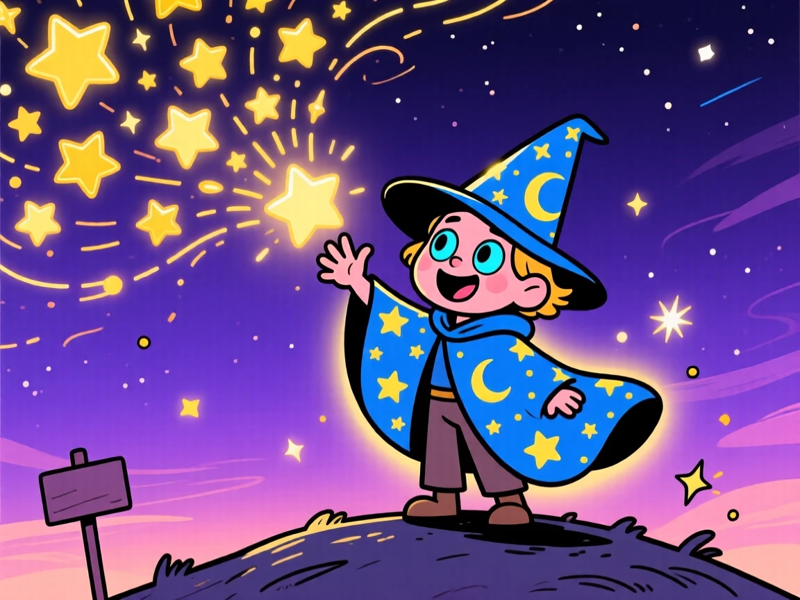 A star-born traveler casting a spell that fills the sky with stars.