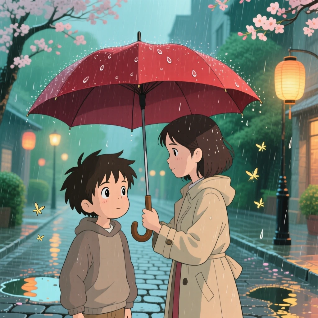 A tender moment of a boy sharing his umbrella with a stranger in the rain, the scene quietly moving.