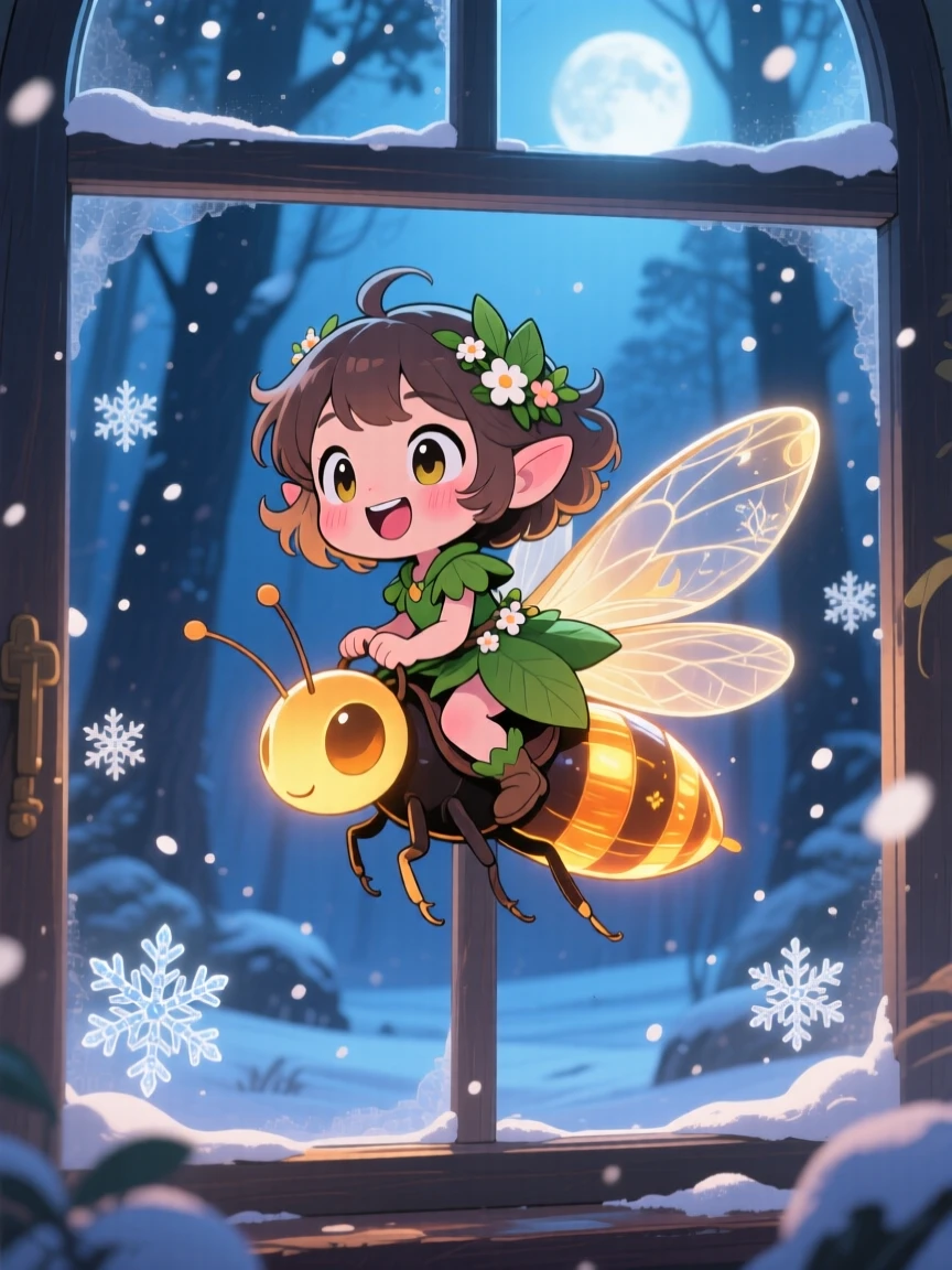 Framed through a window: a forest sprite, riding on the back of a firefly, set against a glowing twilight glade amid softly falling snow, with soft moonlight and a mood of curious excitement.