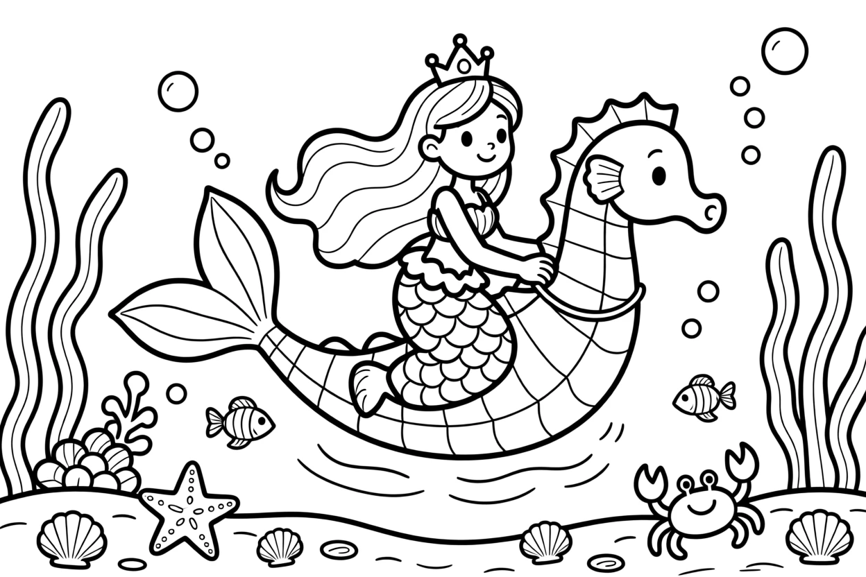 A mermaid princess riding a seahorse through an underwater kingdom