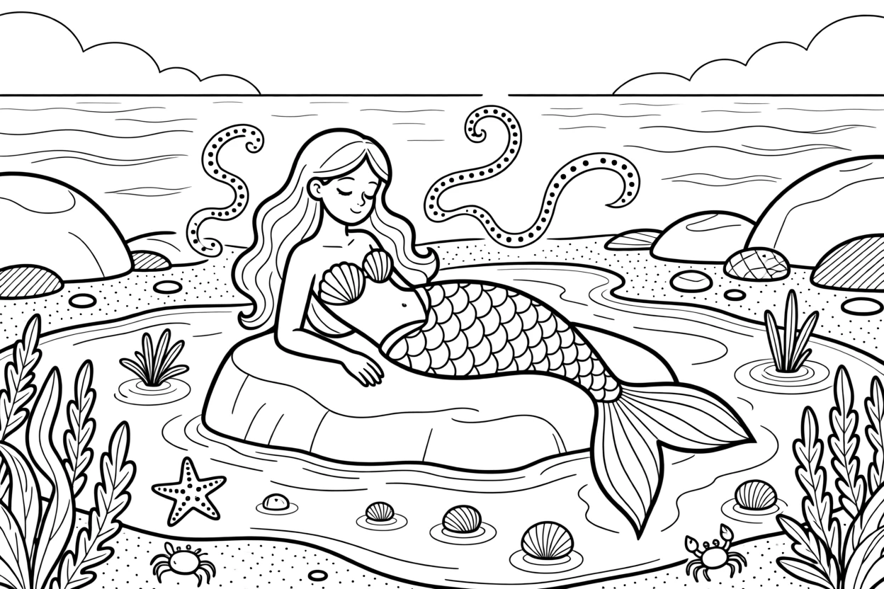 A mermaid resting on a rock surrounded by tide pools, with wisps of glowing spirit energy floating around.