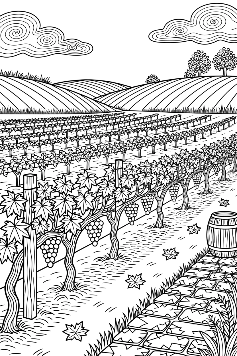A vineyard in autumn with leaves turning red and gold between rows.