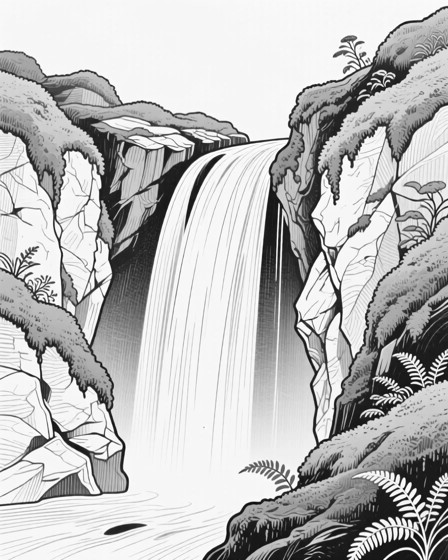 A waterfall cascading through a moss-covered gorge
