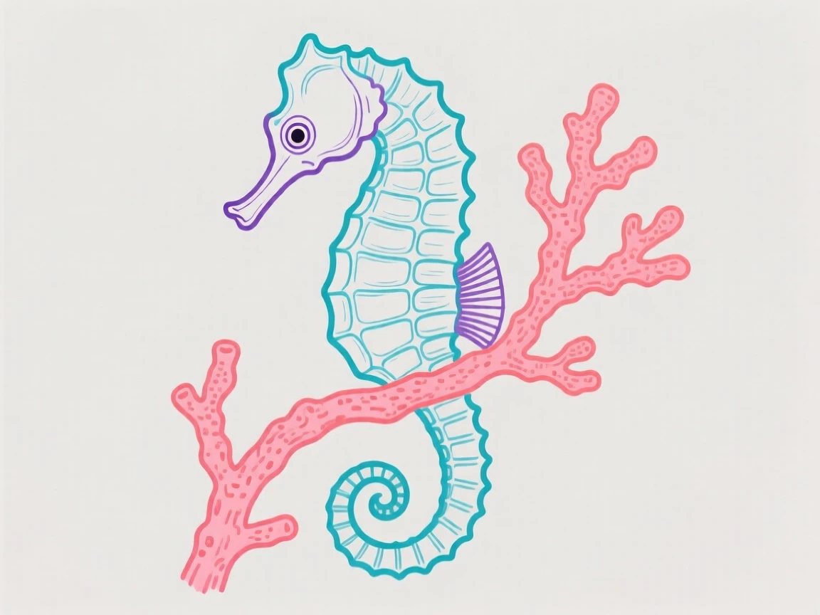 A seahorse curled around a strand of coral.