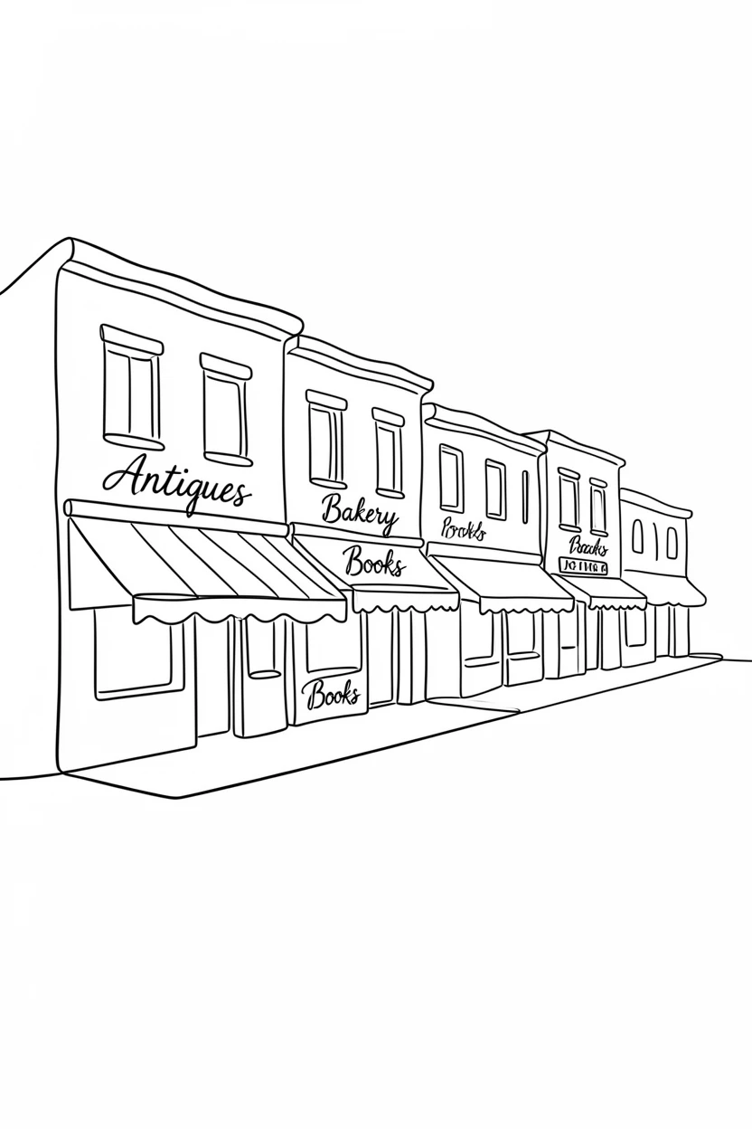 A row of vintage shopfronts along a charming small-town main street