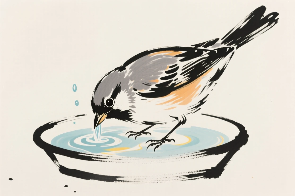 A pet bird taking a bath in a small dish of water.