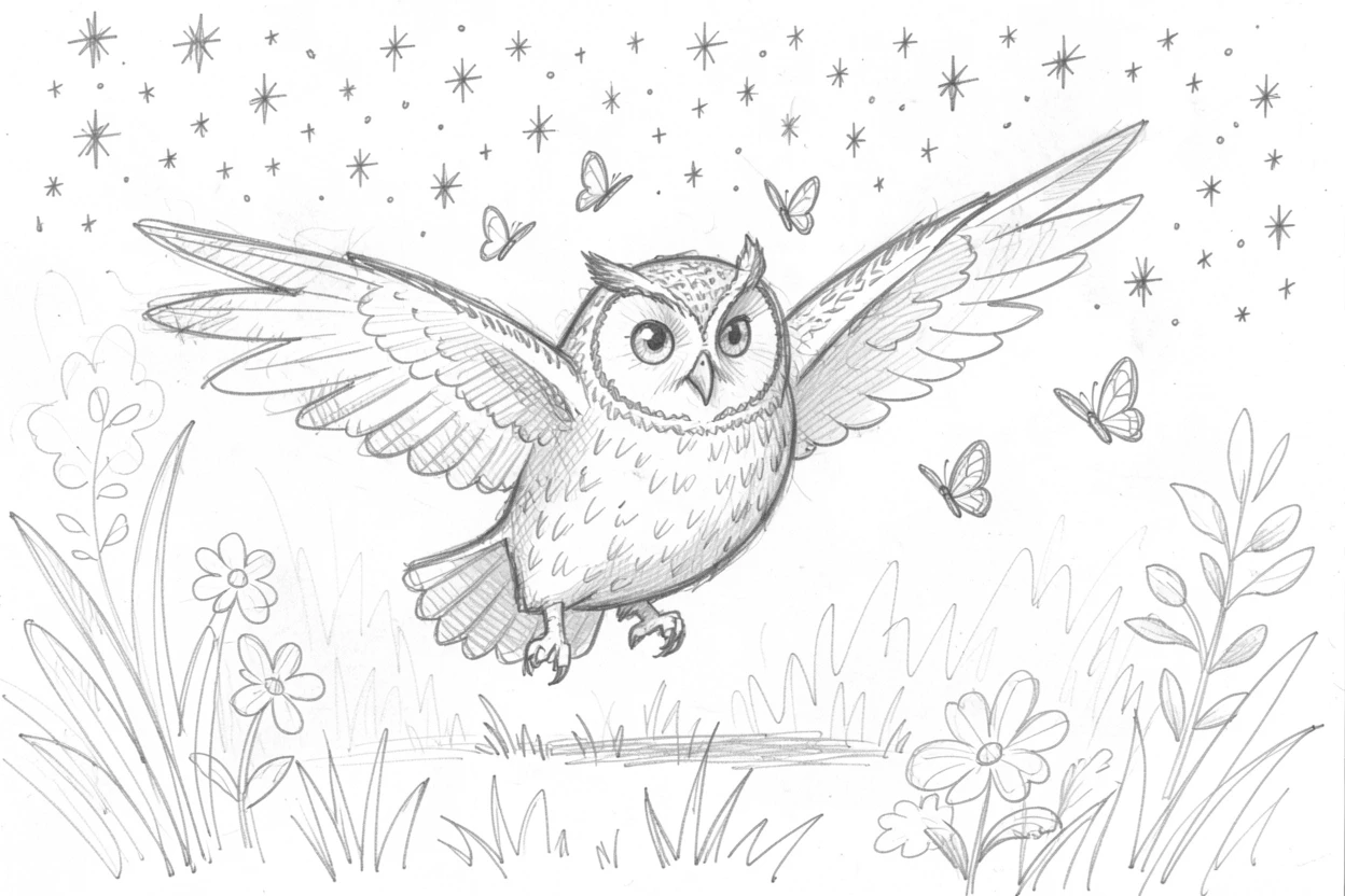 A heartwarming scene of a wise-looking owl chasing butterflies through a garden, beneath a sky full of stars.