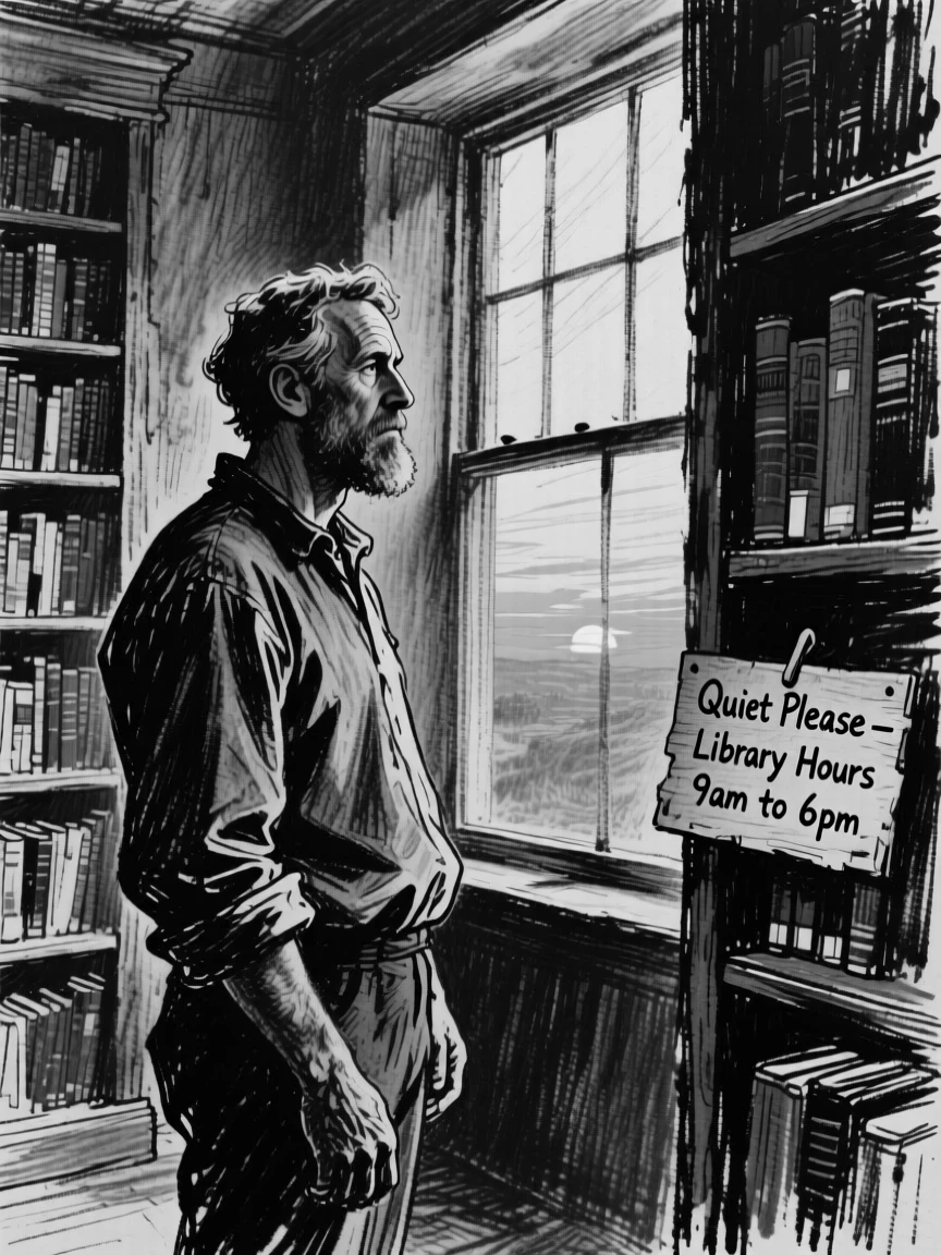 A farmer gazing thoughtfully into the distance at sunset, in a quiet library.