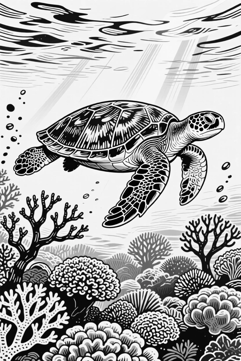 A sea turtle gliding gracefully over a coral reef bathed in sunlight.