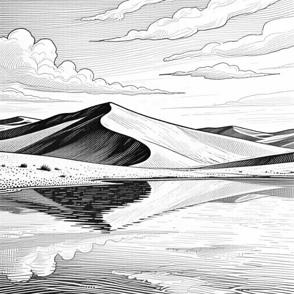A desert dune ridge beneath a sky filled with drifting clouds, with ripples spreading across still water, evoking a timeless and grounding atmosphere in a wide, balanced composition.