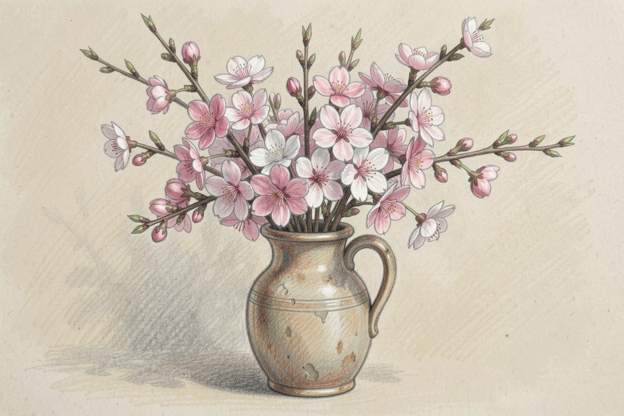 A bouquet of pink and white cherry blossoms in an antique jug, set against a simple, softly lit neutral background, capturing the fleeting beauty of a blooming season.