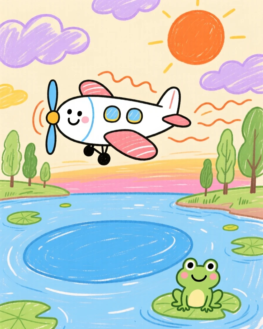 A small propeller airplane gliding over a quiet lake at sunset.