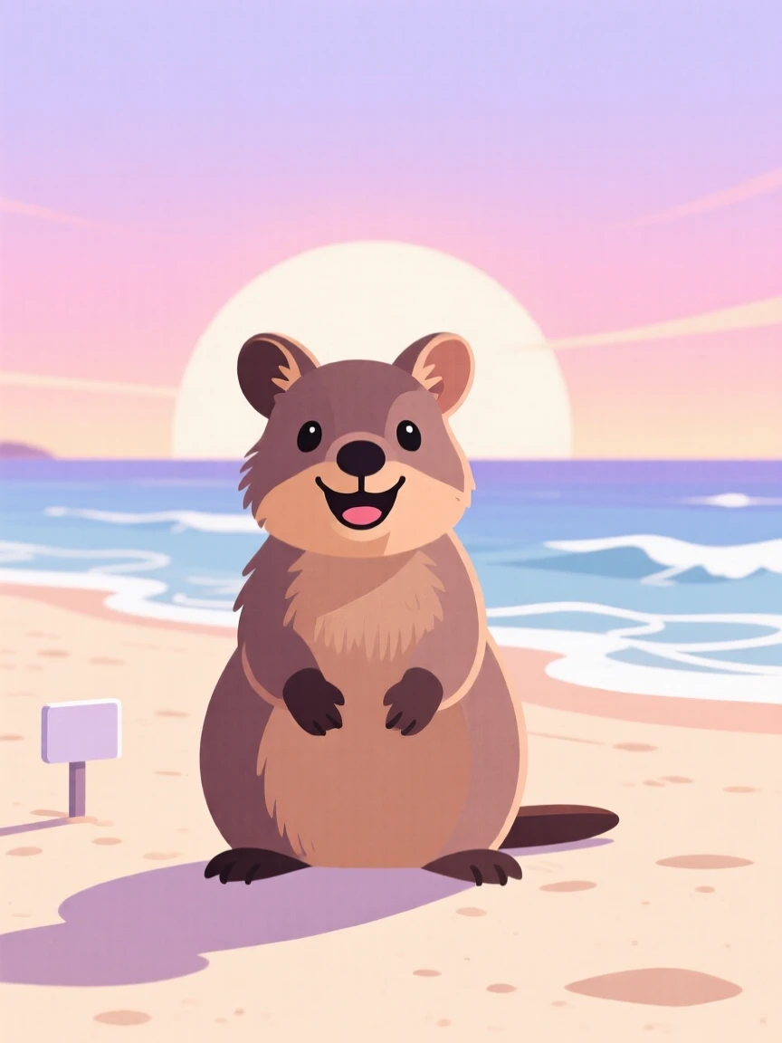 A quokka smiling for the camera on a sunny beach, set against a soft pastel sunrise over the horizon, arranged in a balanced symmetrical composition, with a sense of playful curiosity captured perfectly.