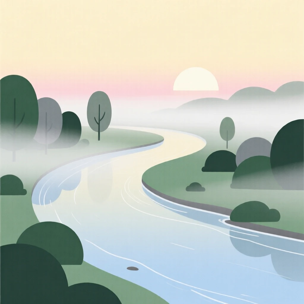 A misty river bend at sunrise with soft light filtering through the morning fog.