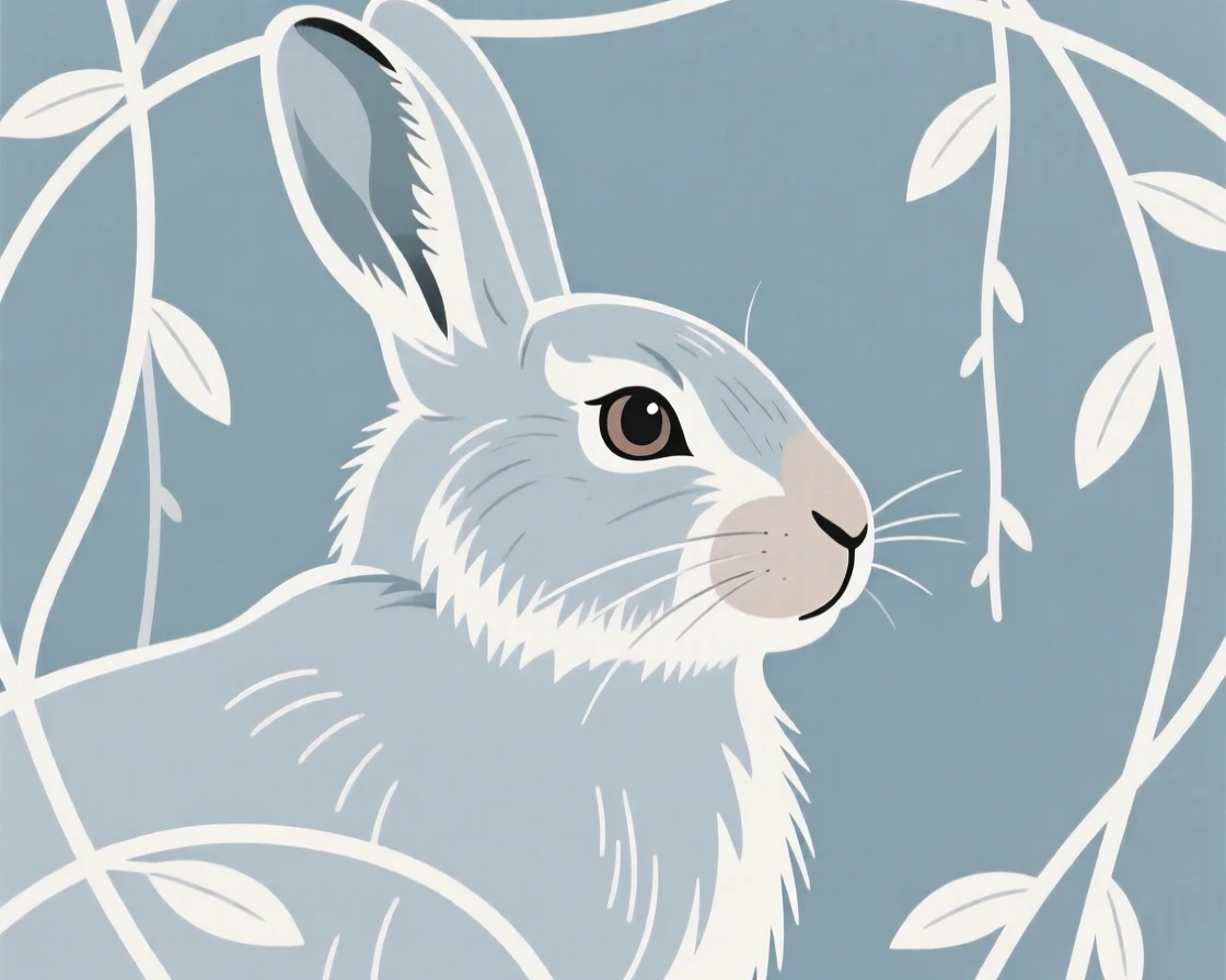 A close-up view of an arctic hare watching alertly from a distance, surrounded by hanging vines, full of protective warmth.