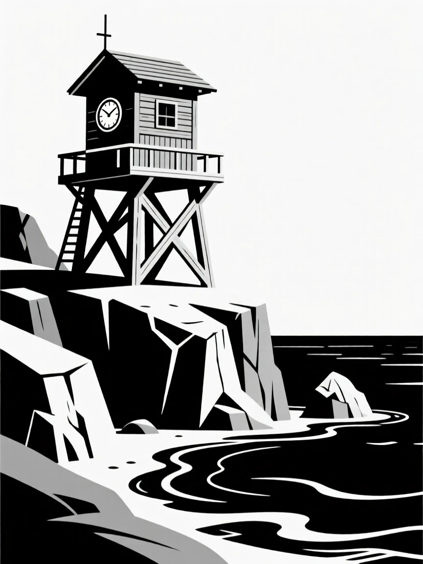 A wooden watchtower on a rugged coastline.