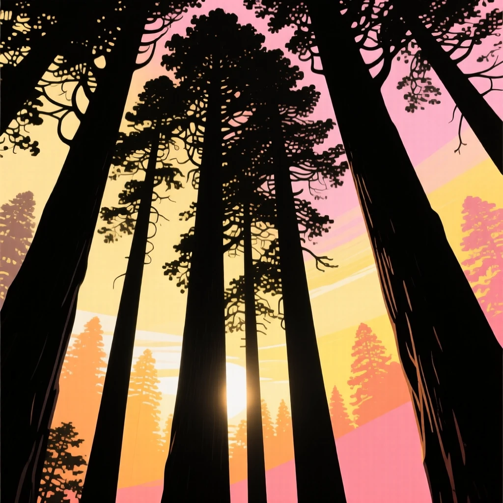 Towering redwood trees reaching up through a canopy of morning light.