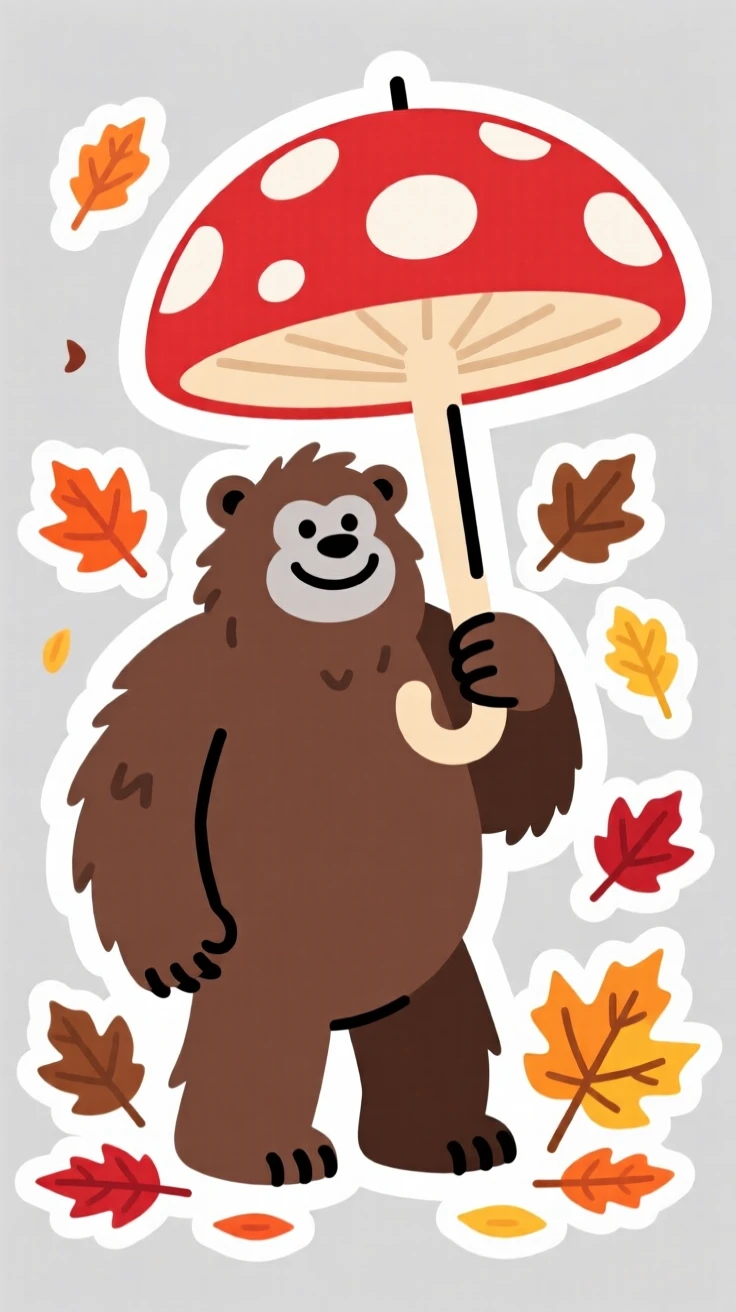 A proud friendly yeti carrying an umbrella shaped like a mushroom cap, among scattered autumn leaves.
