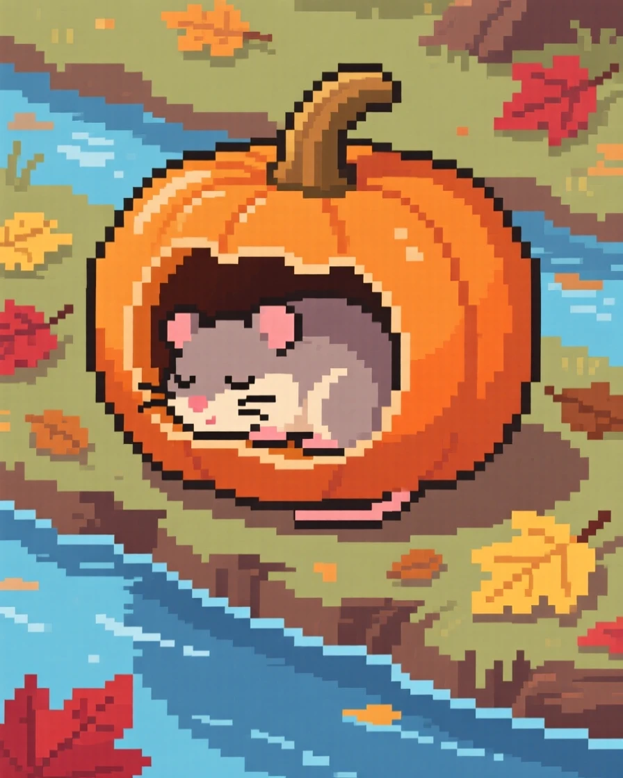 A sleepy dormouse wrapped up for a nap inside a pumpkin, on a riverbank scattered with fallen leaves.