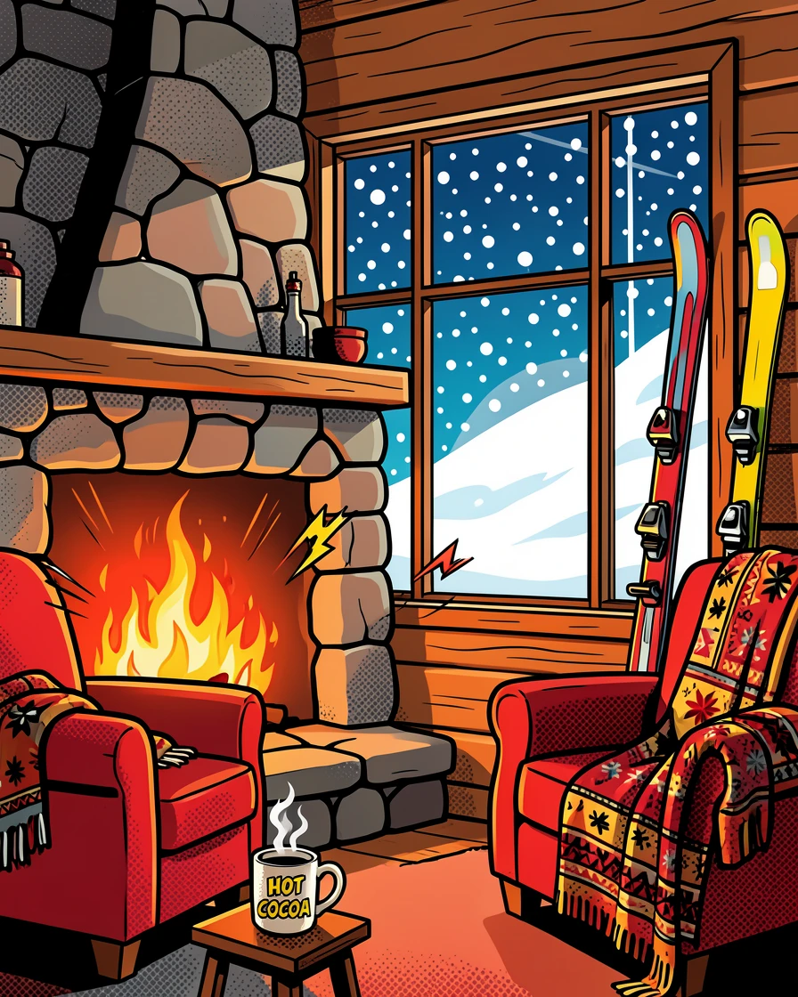 A cozy ski lodge with a roaring fire and snow outside