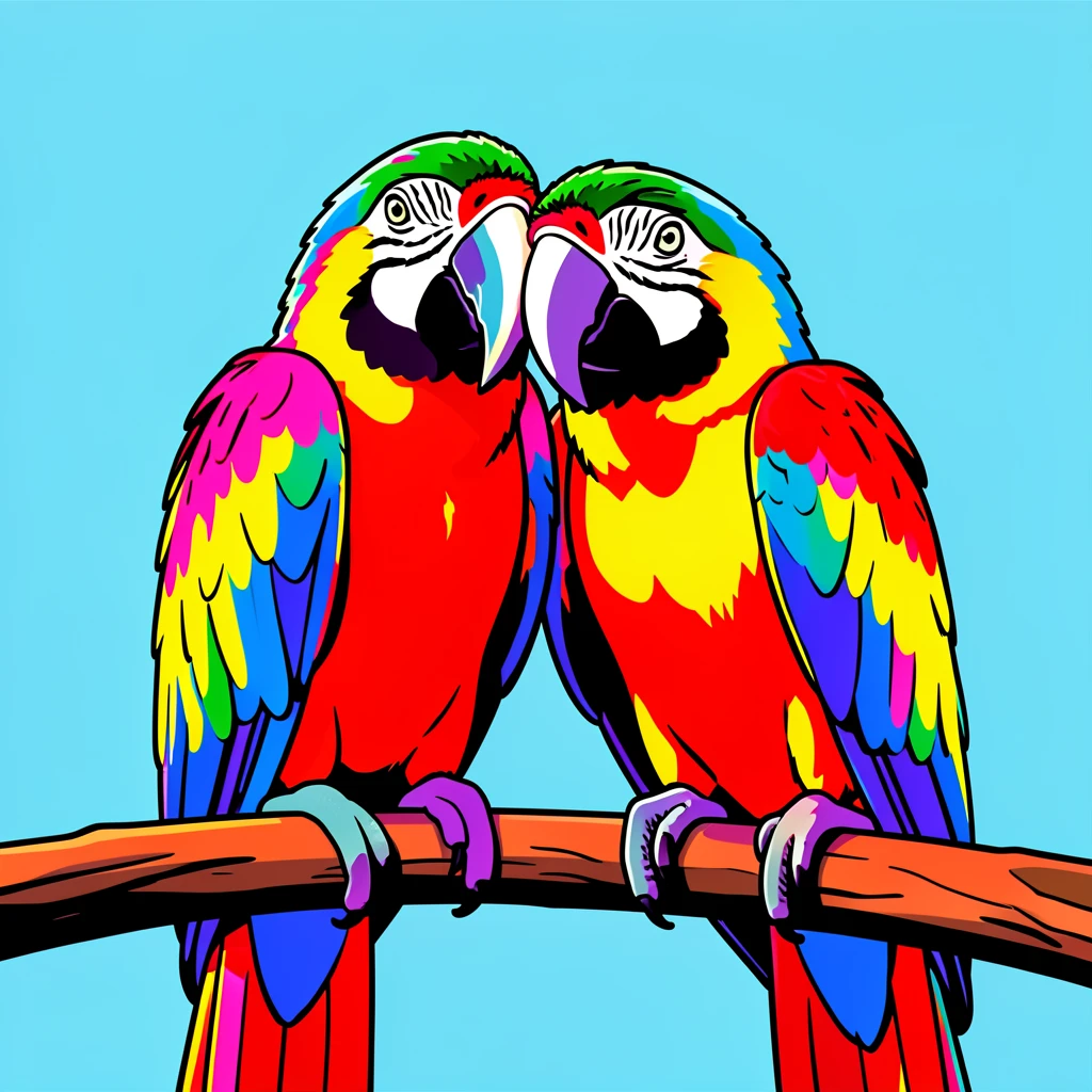 Macaw pair perched together on a branch