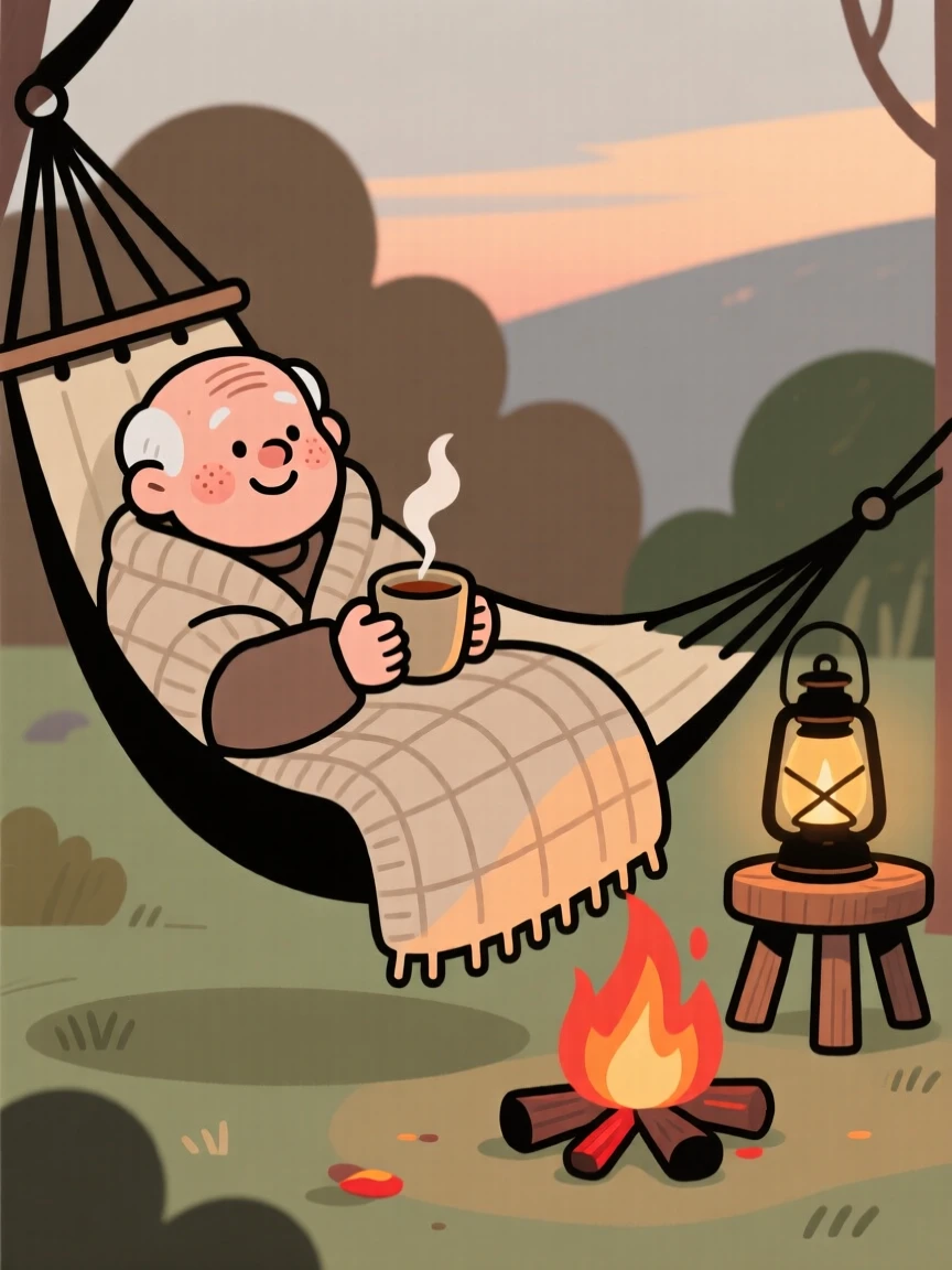 A elderly man curls up in a hammock by the fire beside a softly glowing lamp, wrapped in a knitted quilt while sipping a cup of tea.