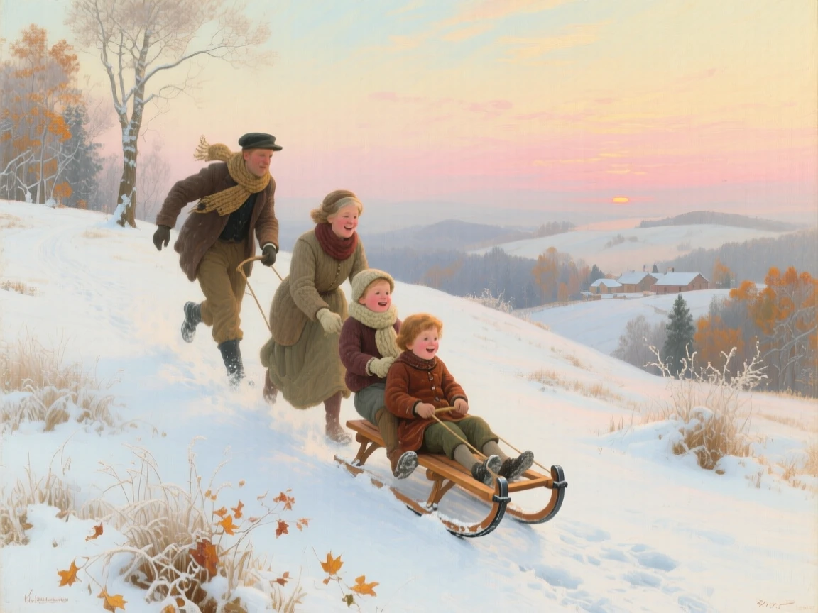 A grand panoramic scene of a family sledding down a snowy hillside, at dawn, during the first frost of autumn.