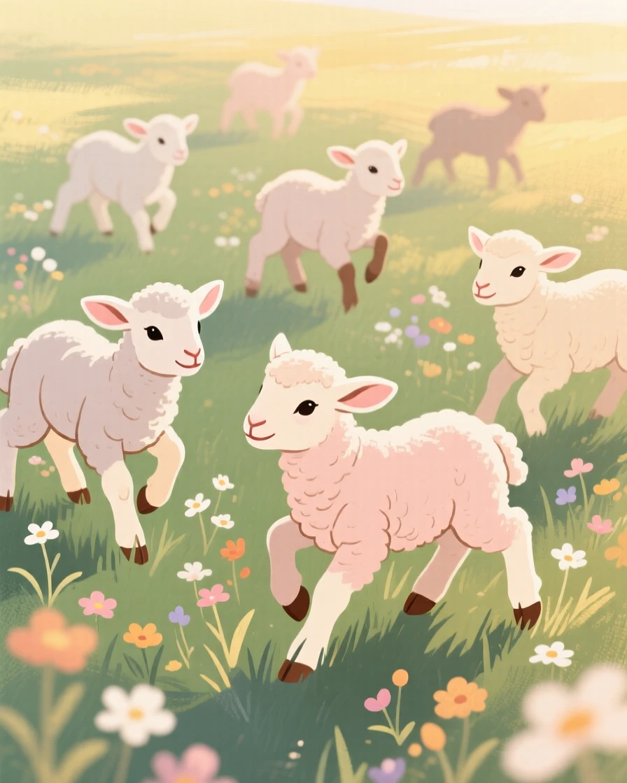 A meadow of newborn lambs frolicking among spring wildflowers