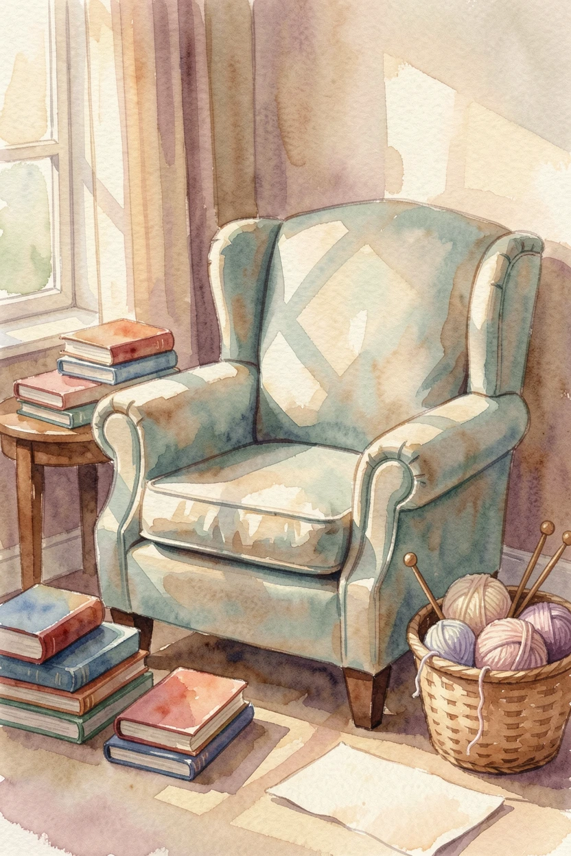 A reading nook with a plush armchair and stacked books with a basket of yarn and knitting needles.
