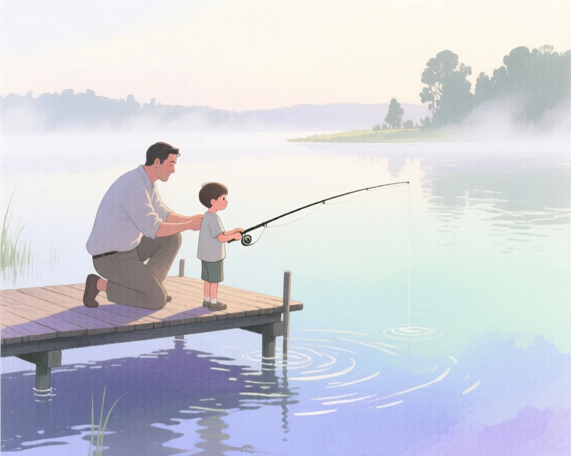 A father teaches his son to fish from a wooden dock as morning mist rises off a quiet lake