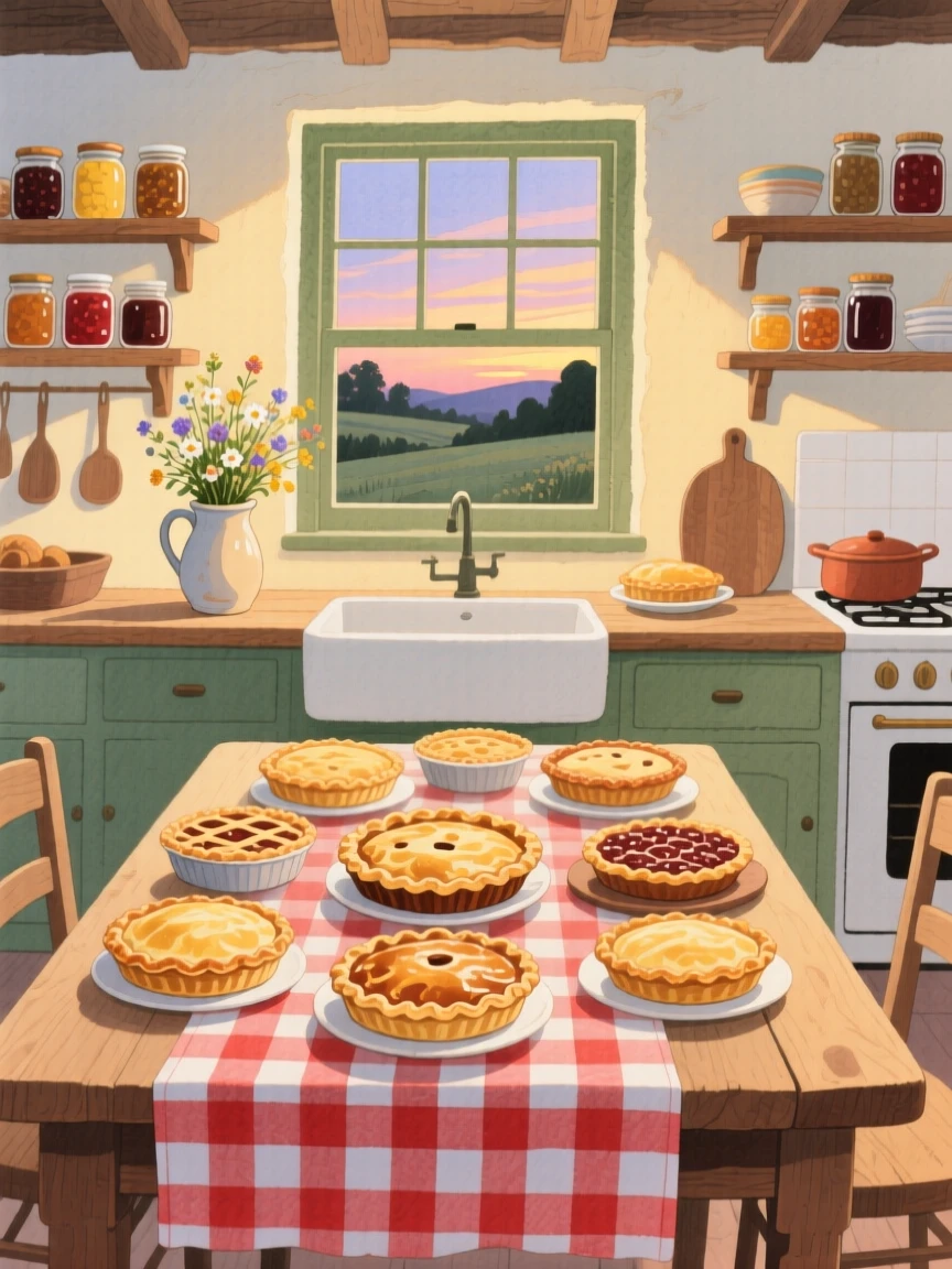 A countryside farmhouse kitchen filled with fresh pies, glowing softly as evening falls.