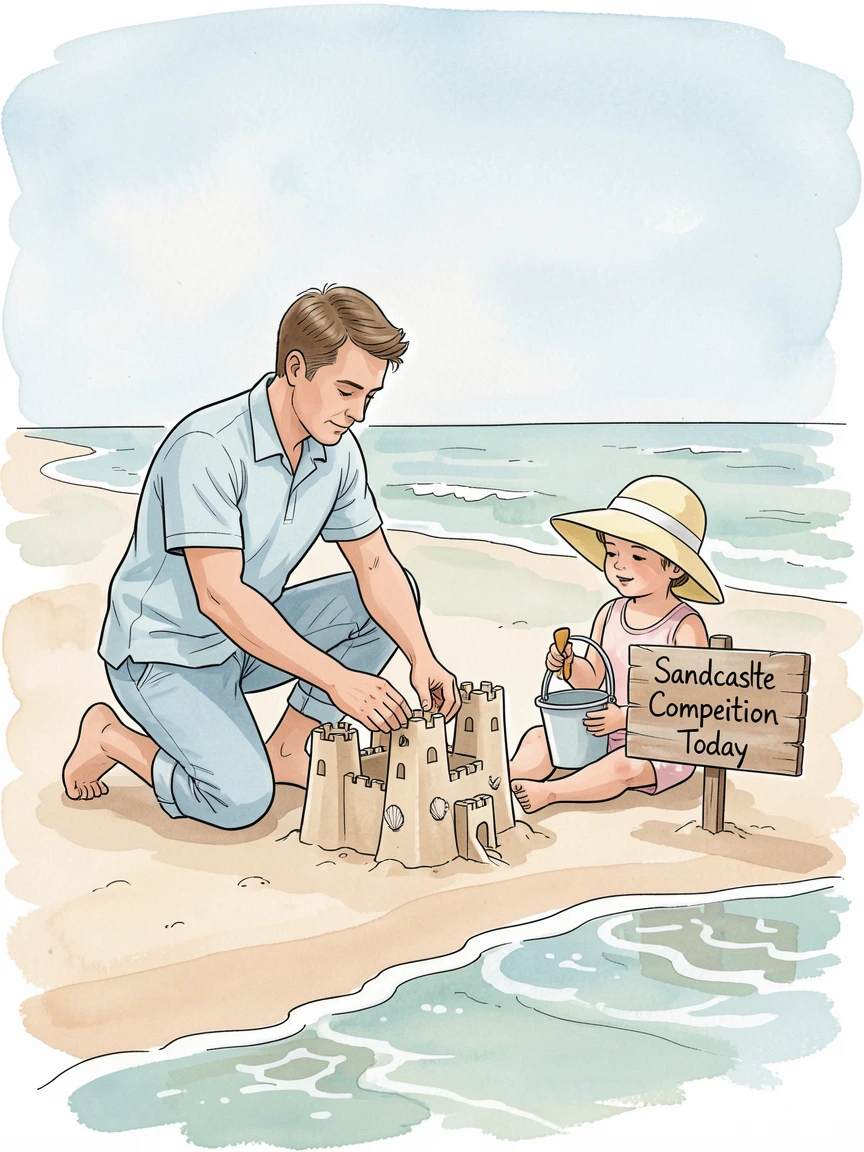A father and daughter building a sandcastle together at the water's edge as waves approach