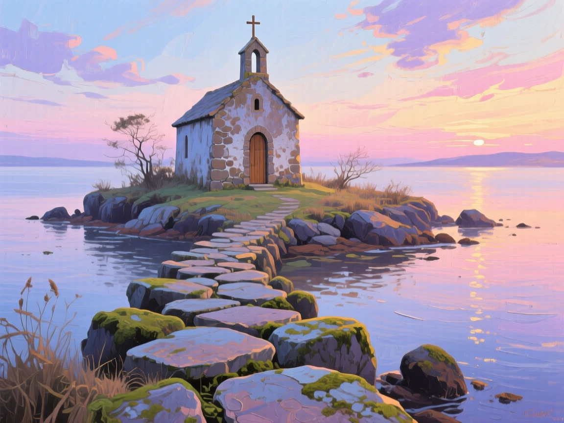 a small island chapel reached by a stone causeway, at dawn, with a balanced, spacious view of the surroundings.